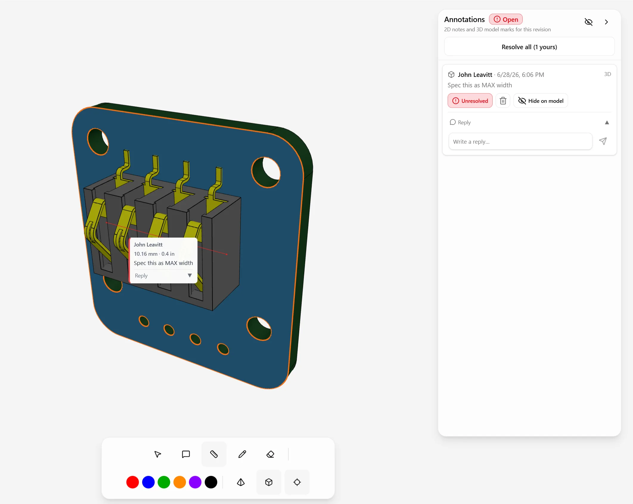 Aproveo in-browser 3D STEP viewer with measurement and annotation tools